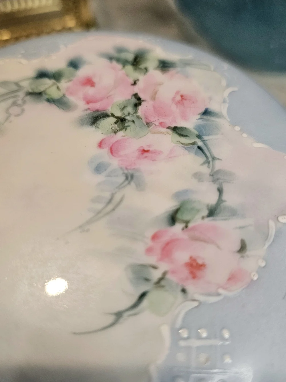 Hand Painted Porcelain Powder Box Limoges France Trinket Box Roses Gold Trim